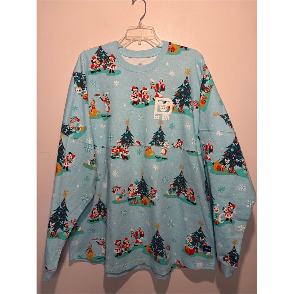 Disney Parks NWT Spirit Jersey Santa Mickey Mouse Friends Holiday Blue Size XXL - Picture 1 of 9